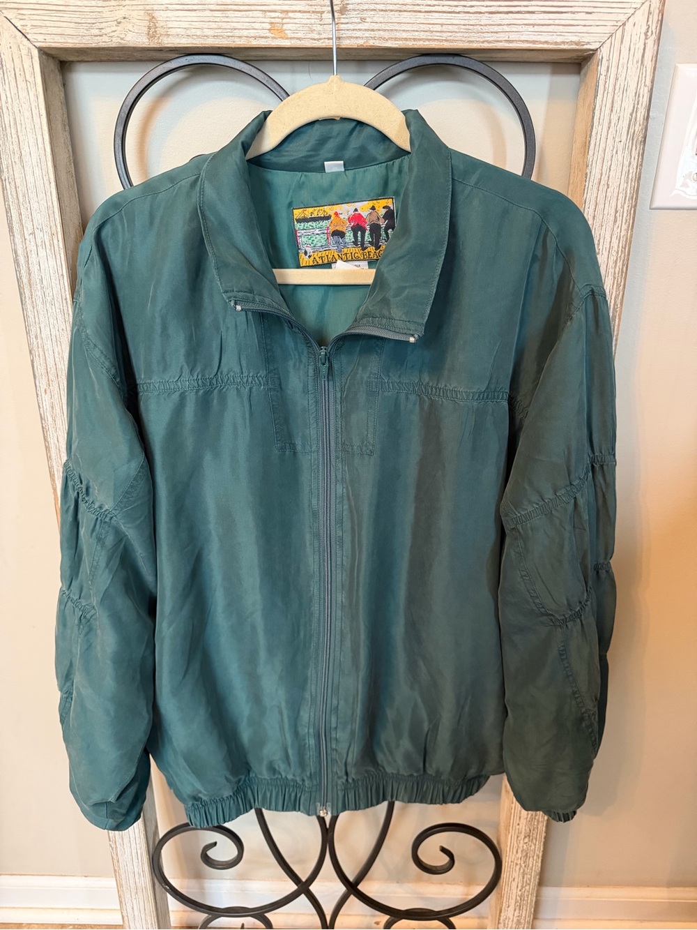 Silk Bomber Jacket Teal Ruched Sleeve Atlantic Beach Vintage 90s Women’s M